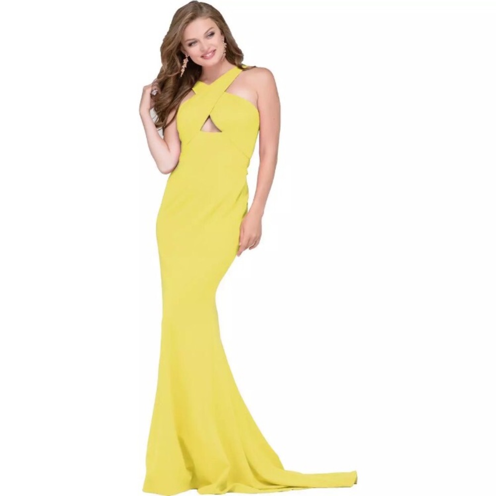 JOVANI Yellow Cross Halter Keyhole Gown! #43029